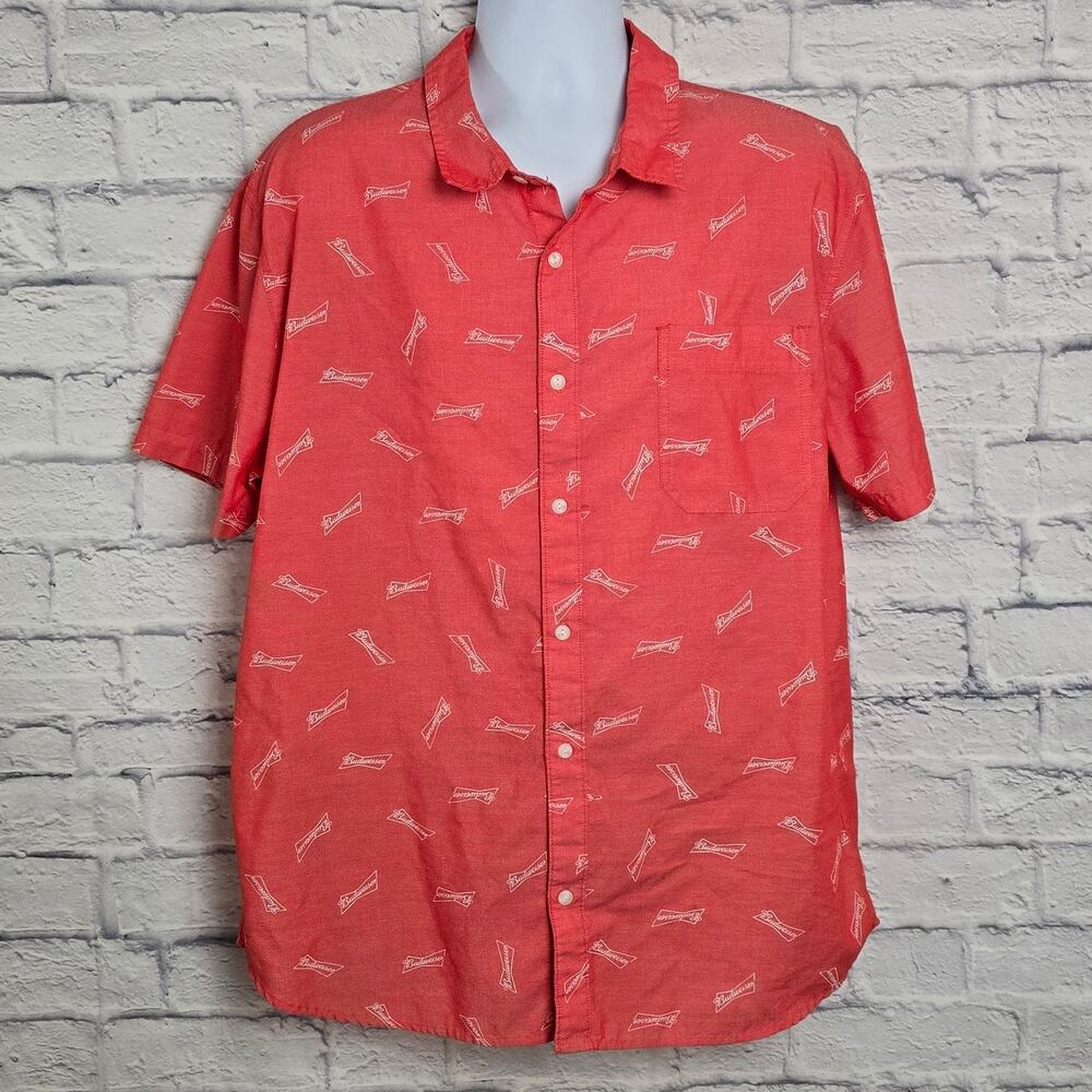 🌼Budweiser Shirt Mens Size 2XL Red Short Sleeve Button Down Logo Pattern